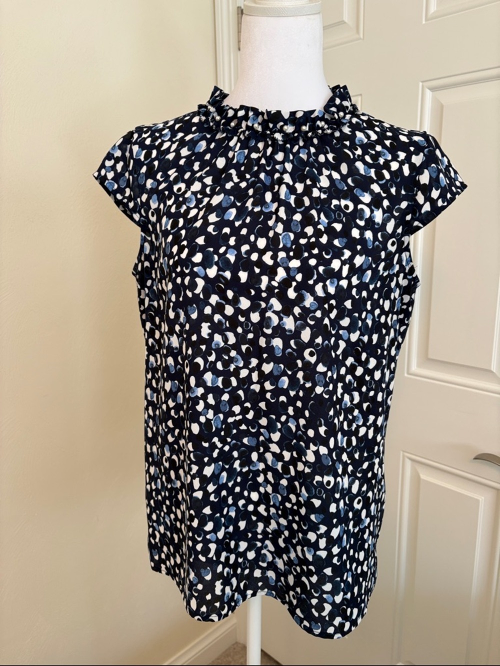 Karl Lagerfeld Navy Blue and White Printed Ruffle-Neck Cap Sleeve Top